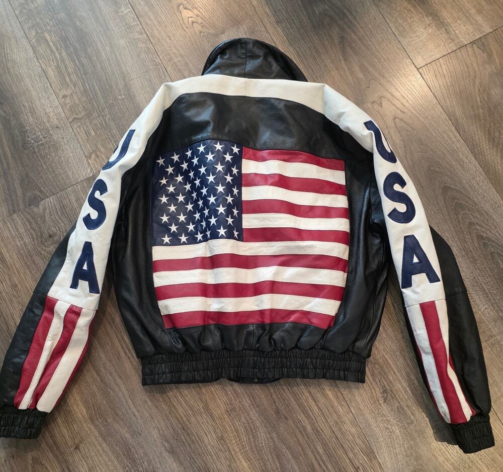 Vintage 80s 90s Urban Tan Leather USA Flag Bomber Jacket Mens ( L) Americana